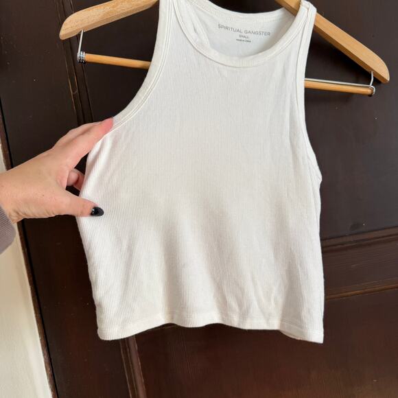 SPIRITUAL GANGSTER | White High Neck Racerback Cropped Bra Rib Tank | Small - Picture 3 of 7
